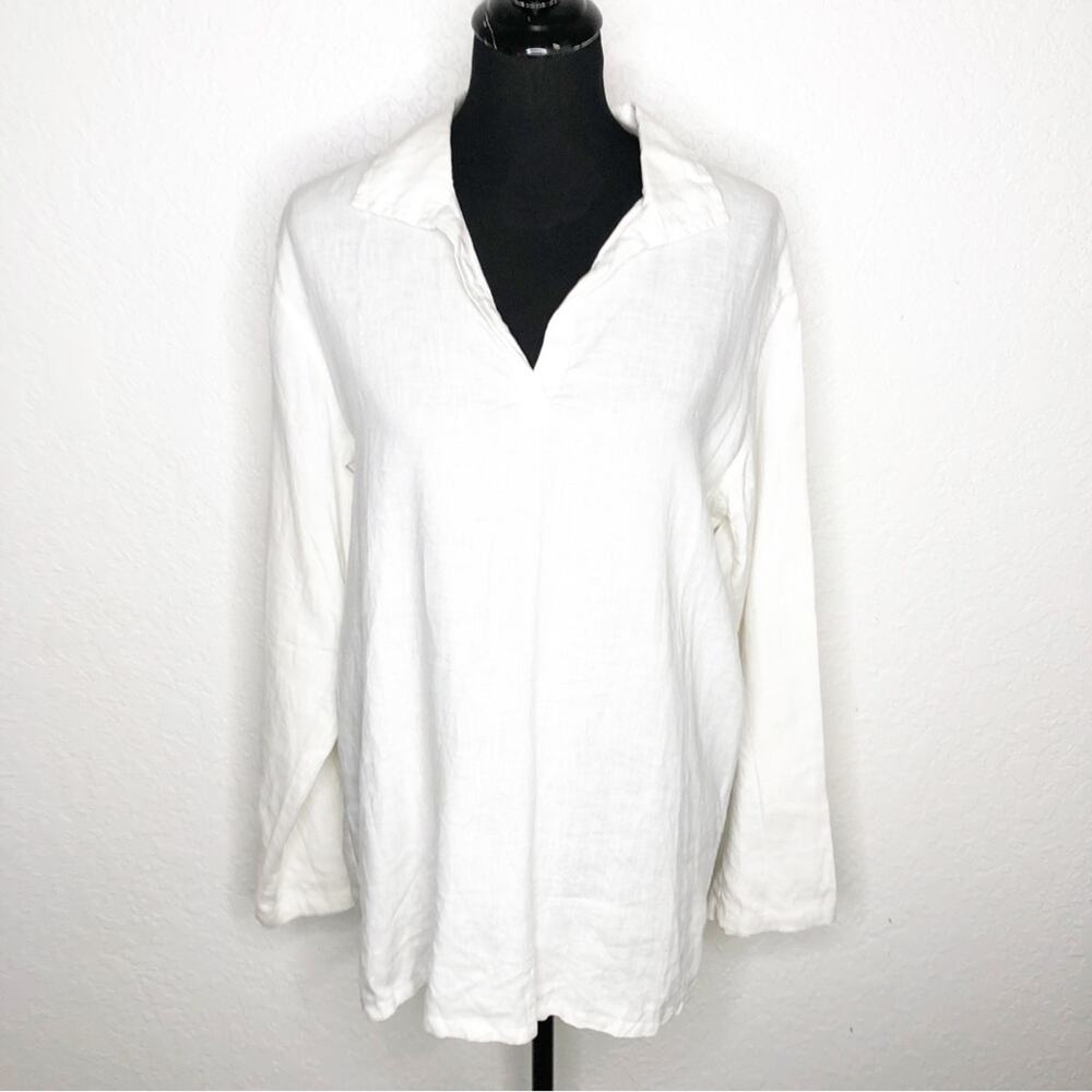 Island Importer white linen collared popover tunic top size Medium